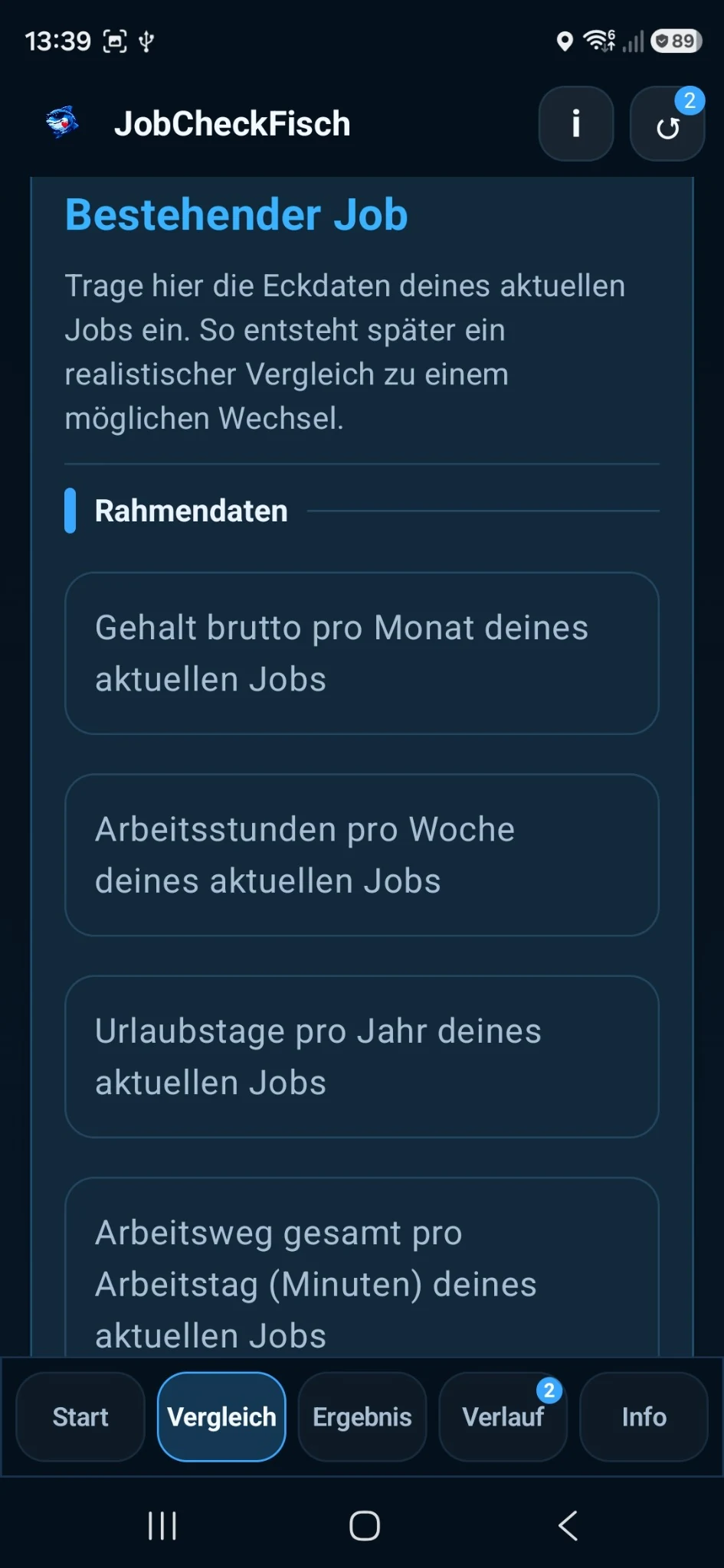 JobCheckFisch 1.0.9 Eingabe bestehender Job mit Rahmendaten