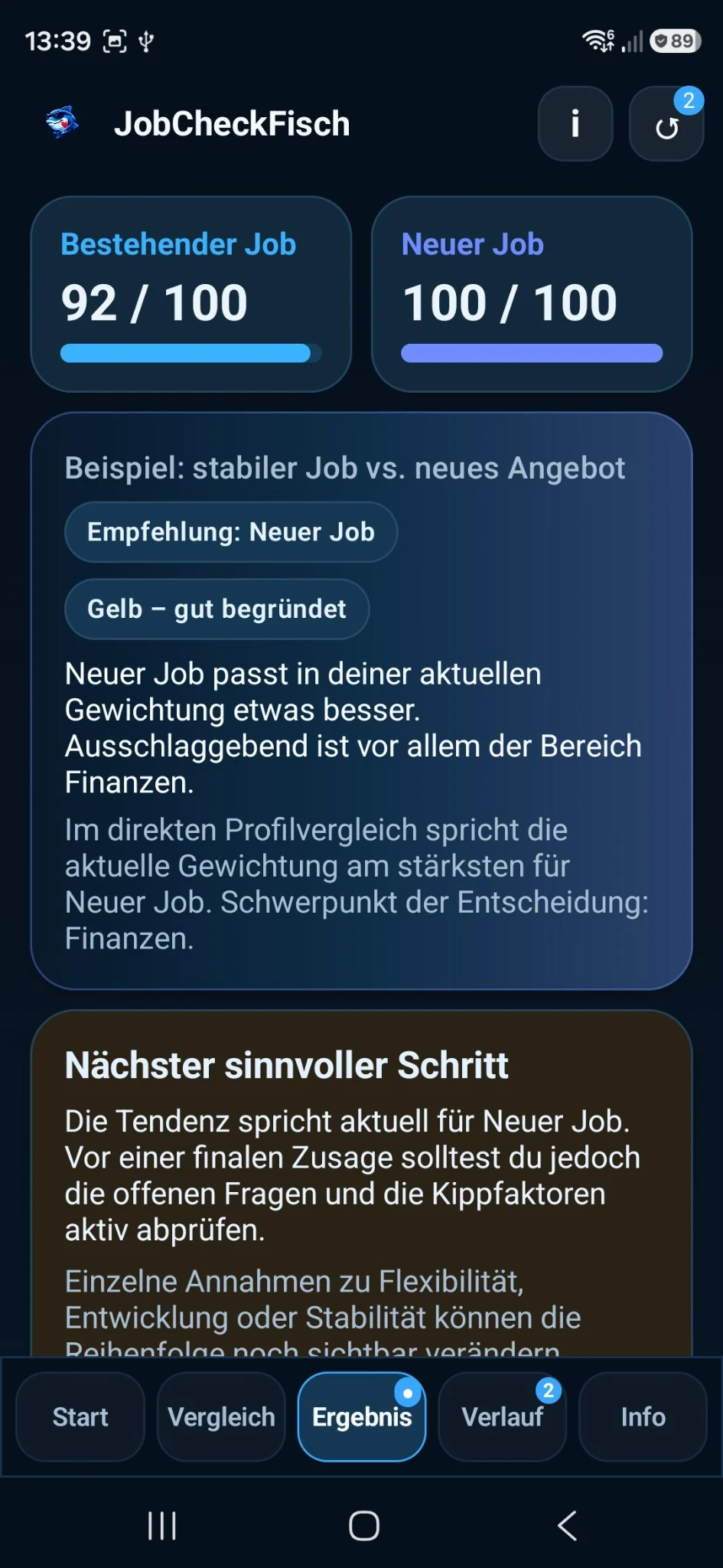 JobCheckFisch 1.0.9 Ergebnisansicht mit Scores und Empfehlung