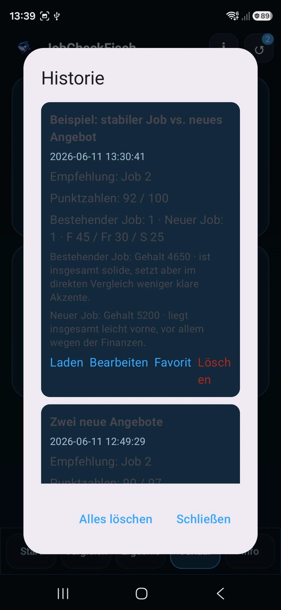 JobCheckFisch 1.0.9 Historie mit Laden Bearbeiten Favorit und Löschen