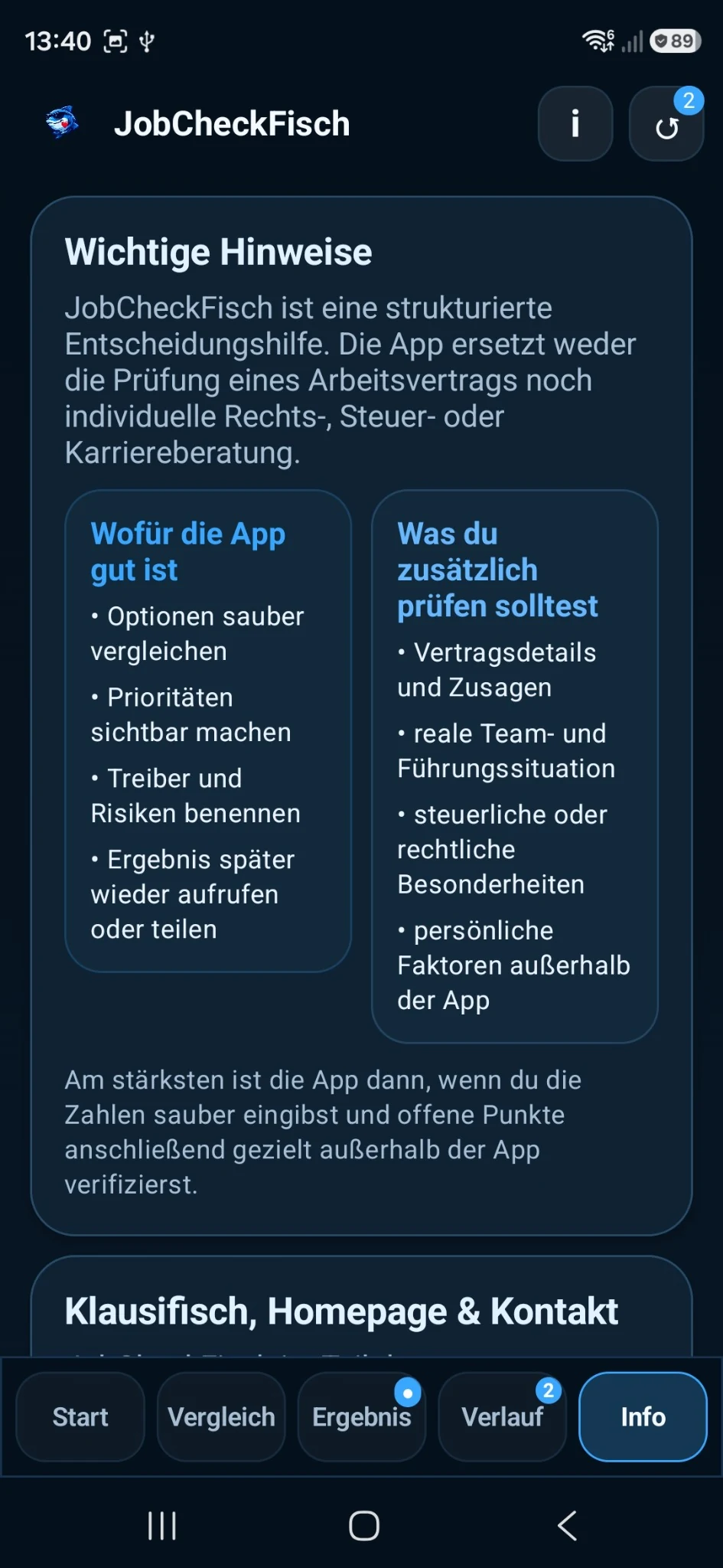 JobCheckFisch 1.0.9 Info-Bereich mit wichtigen Hinweisen