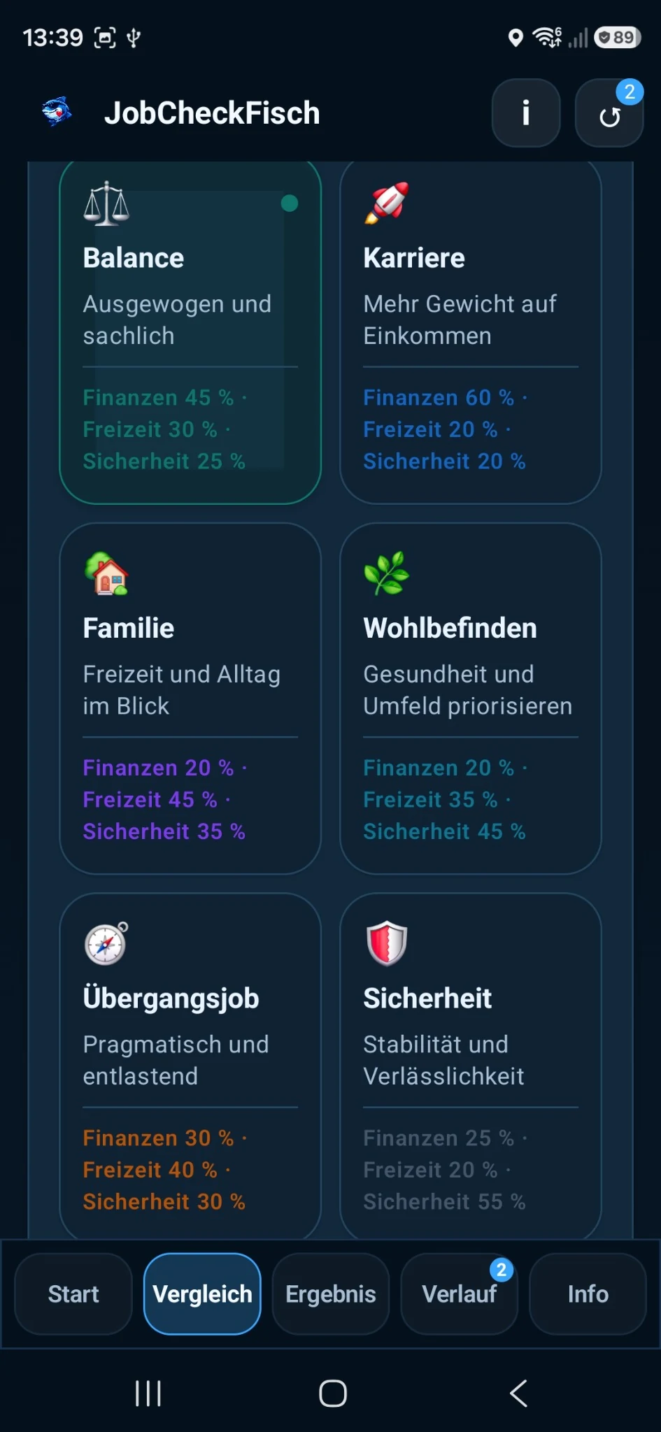 JobCheckFisch 1.0.9 Profilwahl mit Balance, Karriere, Familie, Wohlbefinden, Übergangsjob und Sicherheit