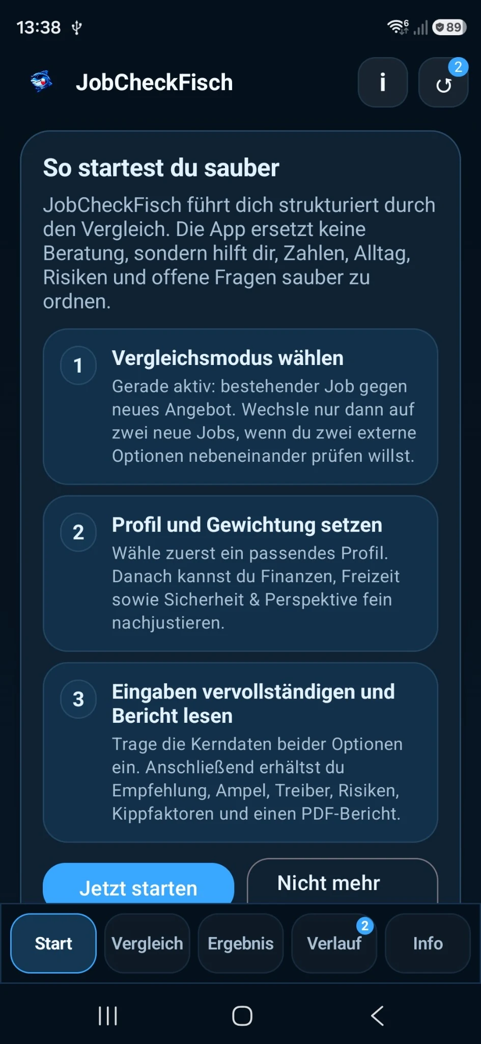 JobCheckFisch Startbildschirm mit Drei-Schritte-Einstieg