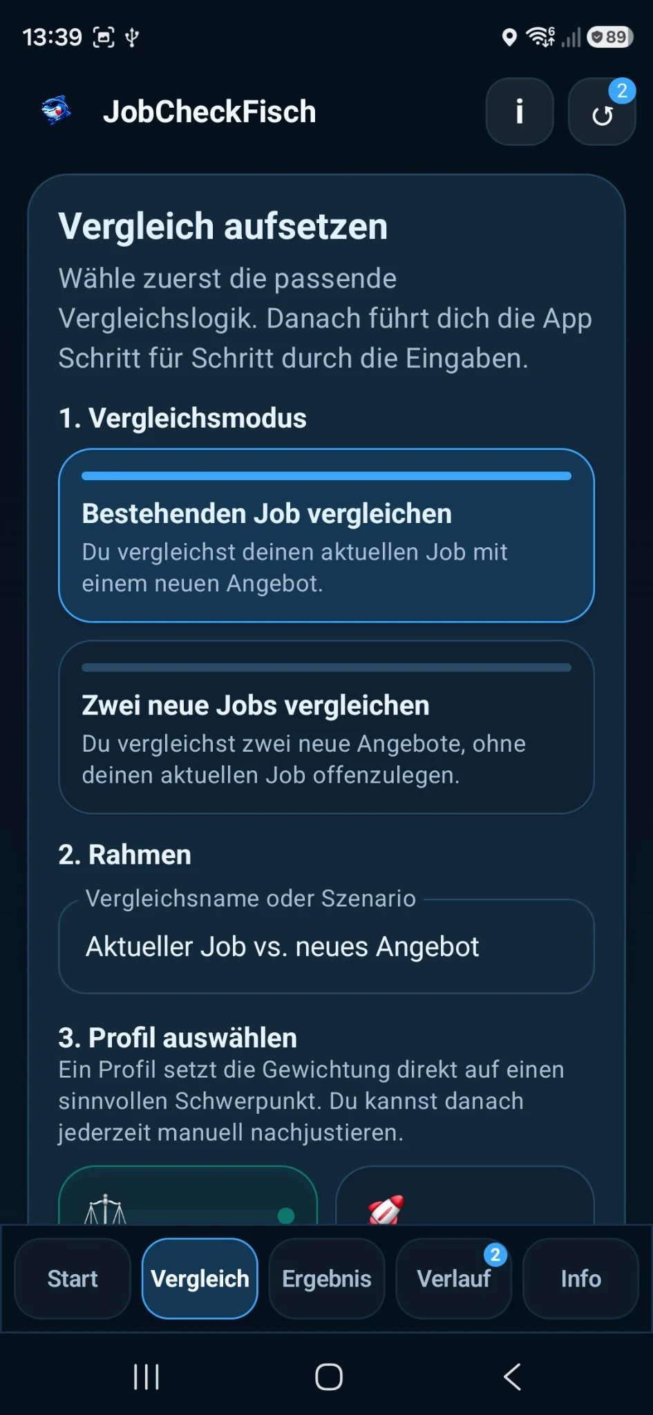 JobCheckFisch 1.0.9 Vergleich aufsetzen mit Modus und Profil