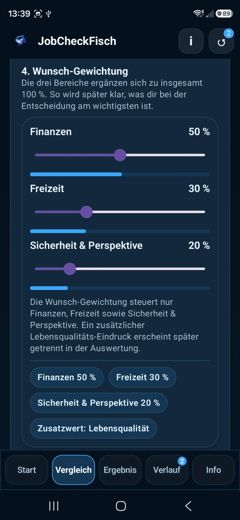 JobCheckFisch Wunsch-Gewichtung für Finanzen, Freizeit und Sicherheit