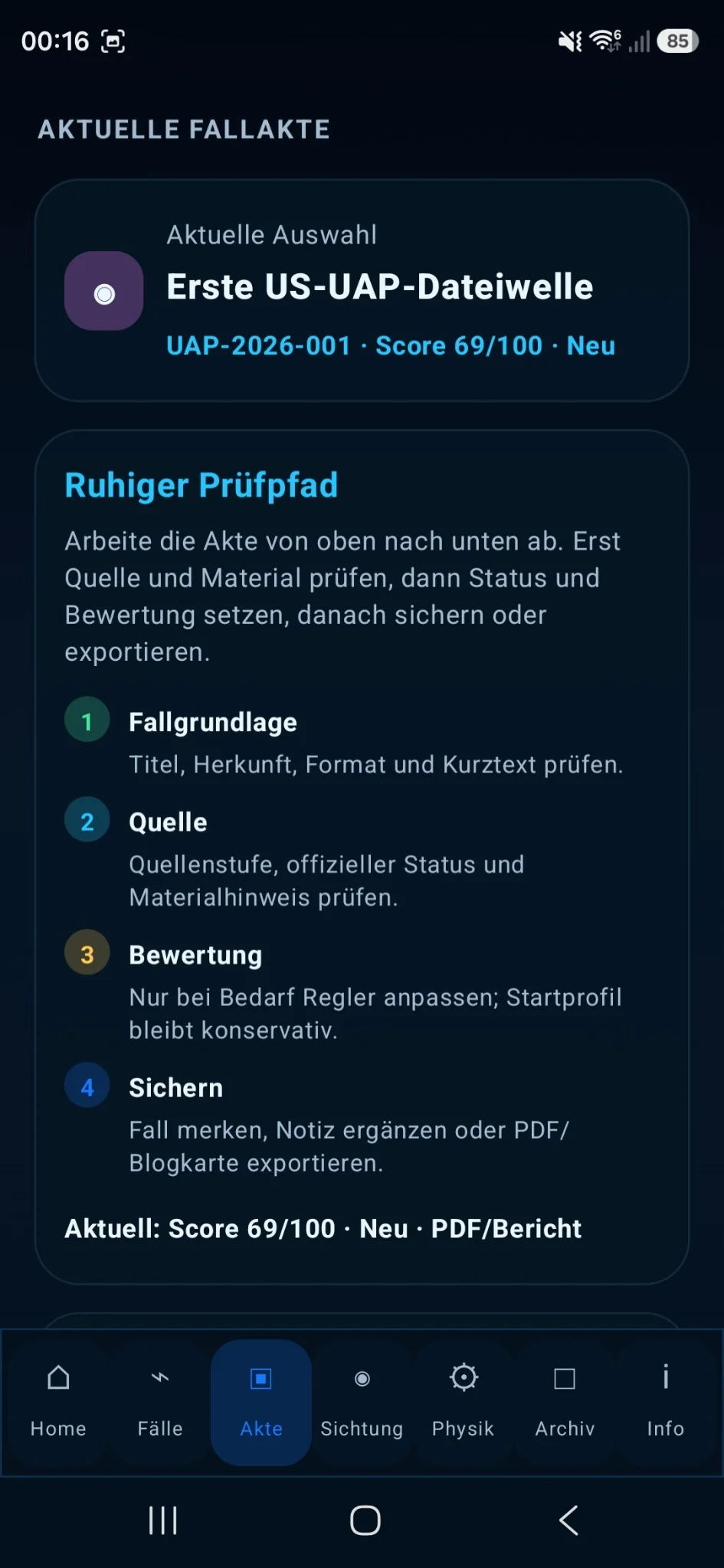 UAPCheckFisch Fallakte mit Prüffahrplan und Bewertung