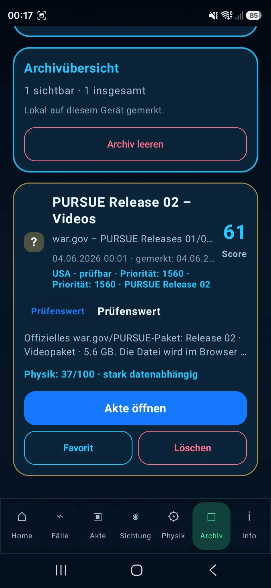 UAPCheckFisch Archiv mit gemerktem PURSUE Release 02 Videoeintrag