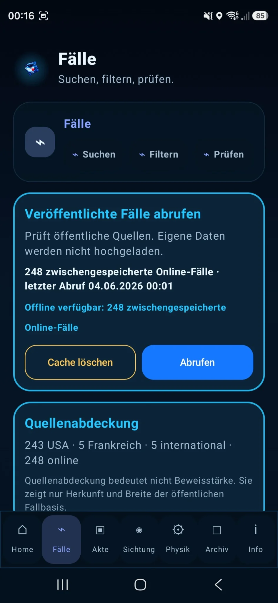 UAPCheckFisch Fälle-Ansicht mit Quellenabdeckung und Abrufbereich
