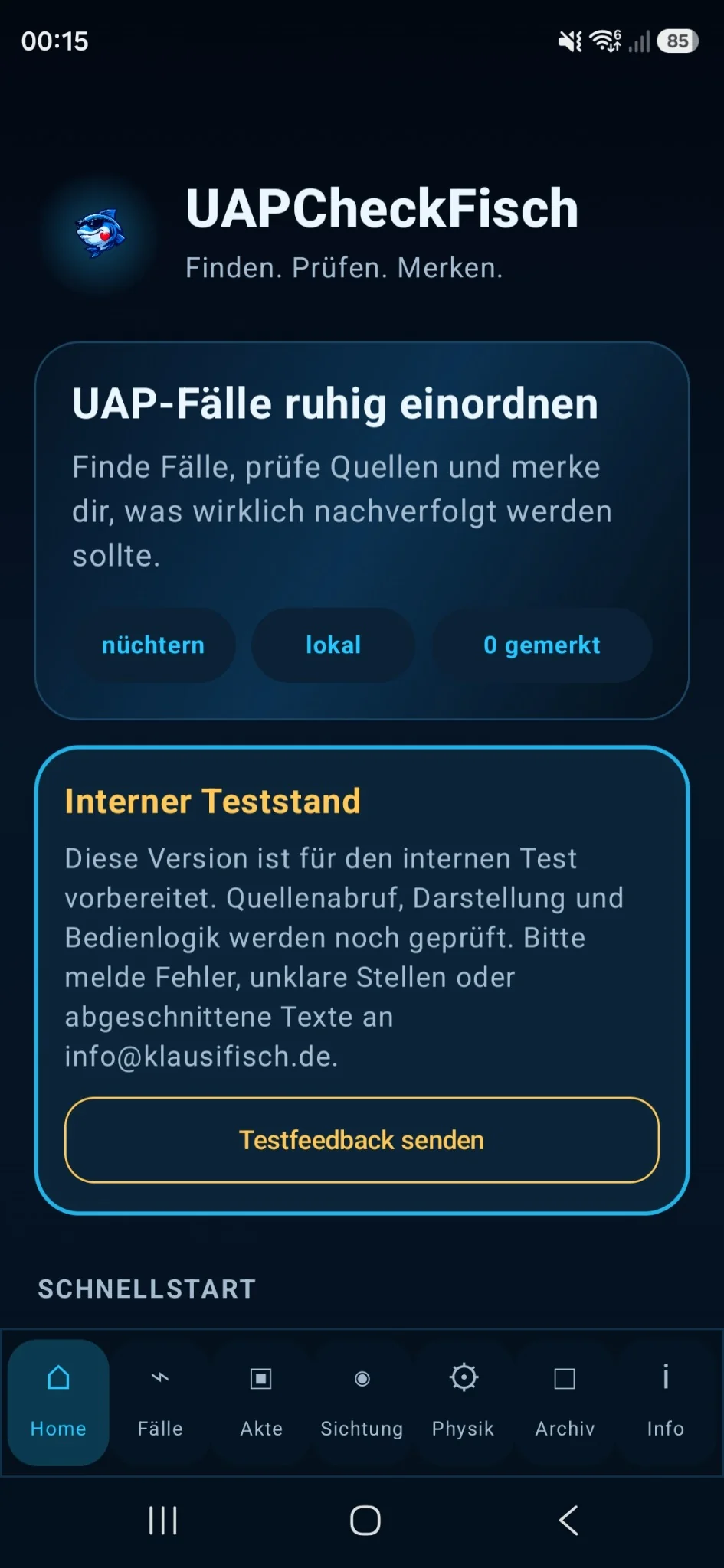 UAPCheckFisch Startbildschirm mit internem Teststand